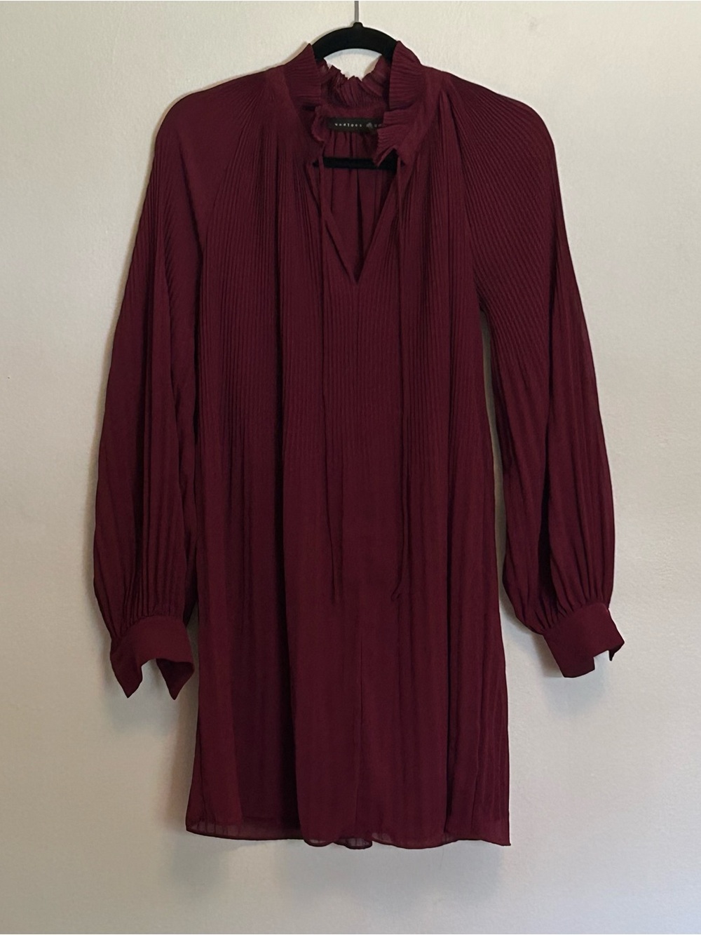 Pleated Long-Sleeve Tunic Dress - Burgundy